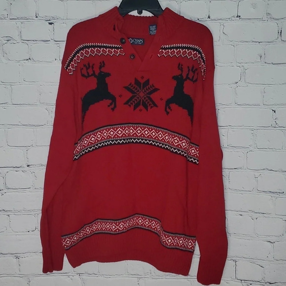 Chaps Winter Pullover Men Sweater with Reindeer and Snowflake, Ugly Sweater EUC
